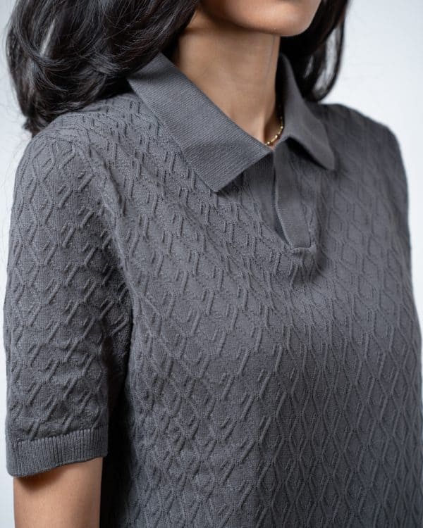 Women's Rhombus Patterned Knit Polo in Grey - Image 2