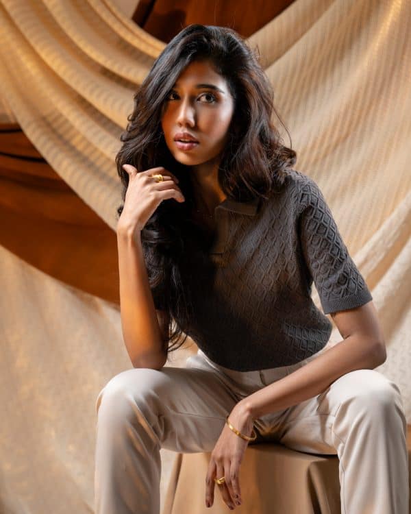 Women's Rhombus Patterned Knit Polo in Grey - Image 5
