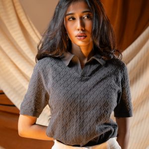 Women's Rhombus Patterned Knit Polo in Grey