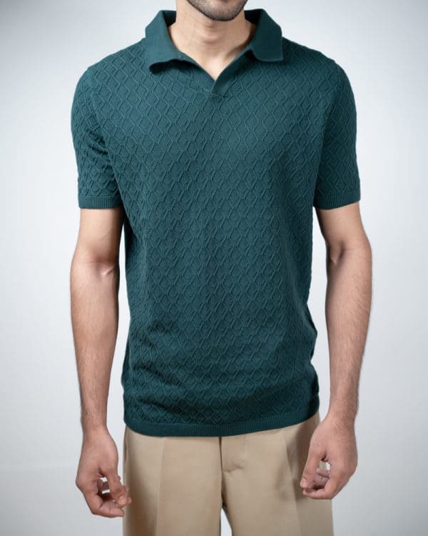 Men's Rhombus Patterned Knit Polo in Bottle Green - Image 3