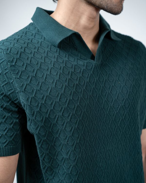 Men's Rhombus Patterned Knit Polo in Bottle Green - Image 2