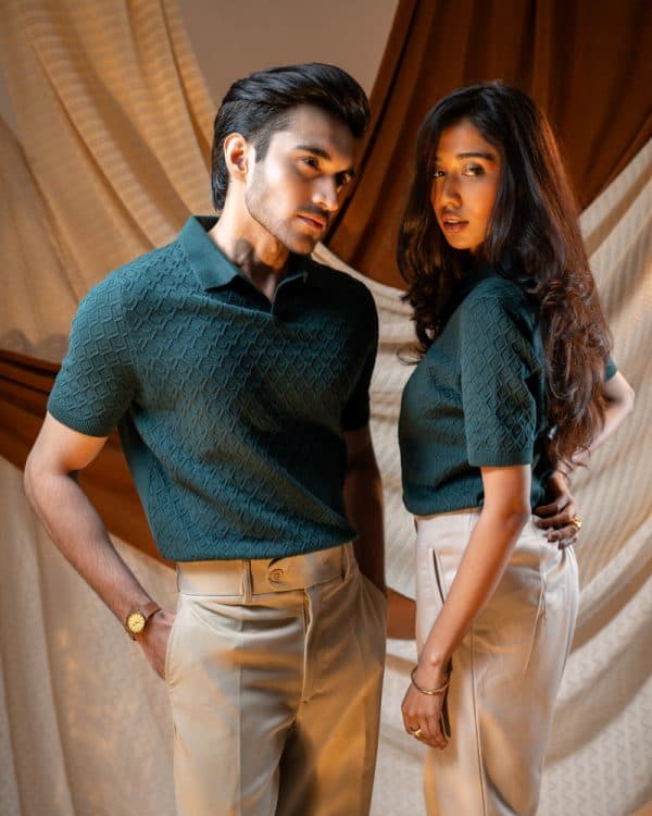 Men's Rhombus Patterned Knit Polo in Bottle Green - Image 7