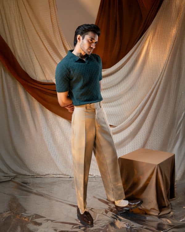 Men's Rhombus Patterned Knit Polo in Bottle Green - Image 4