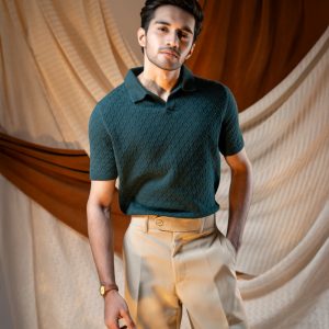Men's Rhombus Patterned Knit Polo in Bottle Green