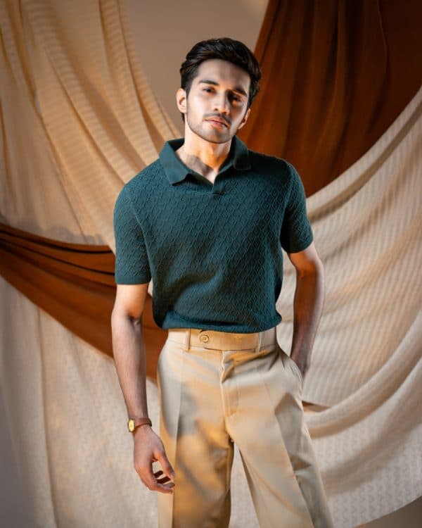 Men's Rhombus Patterned Knit Polo in Bottle Green