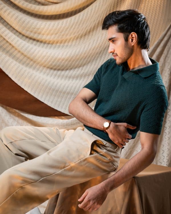 Men's Rhombus Patterned Knit Polo in Bottle Green - Image 8