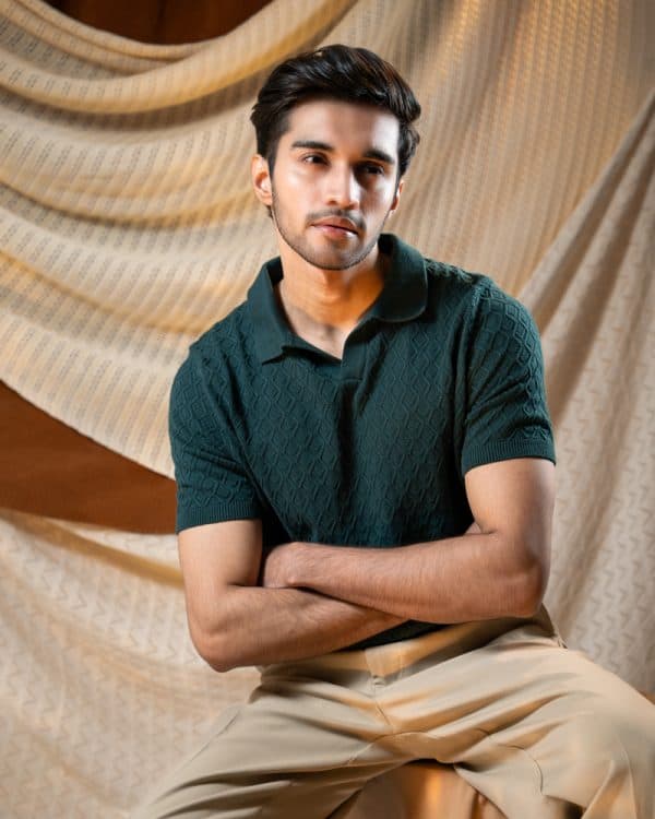 Men's Rhombus Patterned Knit Polo in Bottle Green - Image 6