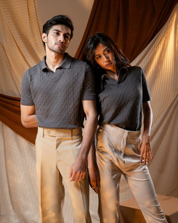 Men's Rhombus Patterned Knit Polo in Grey - Image 6