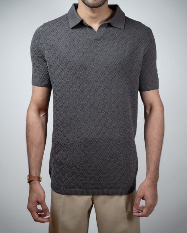 Men's Rhombus Patterned Knit Polo in Grey - Image 3