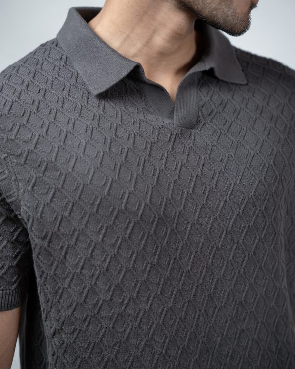 Men's Rhombus Patterned Knit Polo in Grey - Image 2