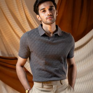 Men's Rhombus Patterned Knit Polo in Grey