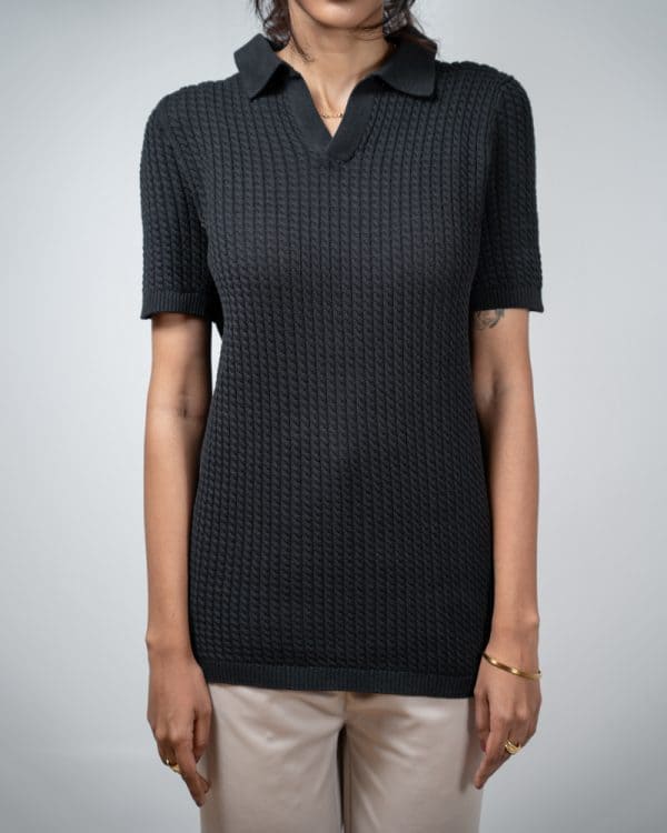Women's Braided Cable Knit Polo in Black - Image 3
