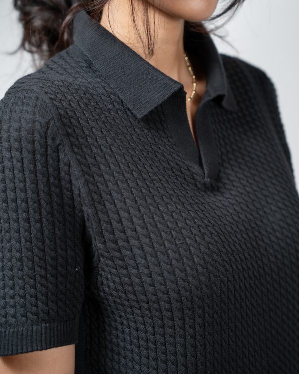 Women's Braided Cable Knit Polo in Black - Image 2