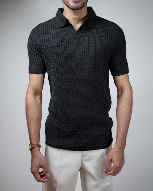 Men's Braided Cable Knit Polo in Black - Image 3