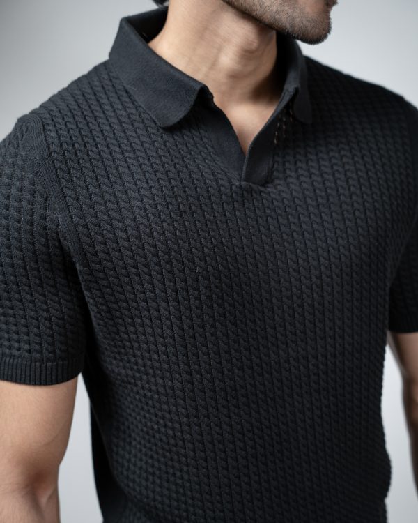 Men's Braided Cable Knit Polo in Black - Image 2