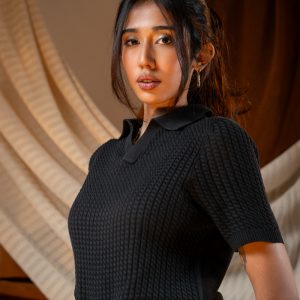Women's Braided Cable Knit Polo in Black