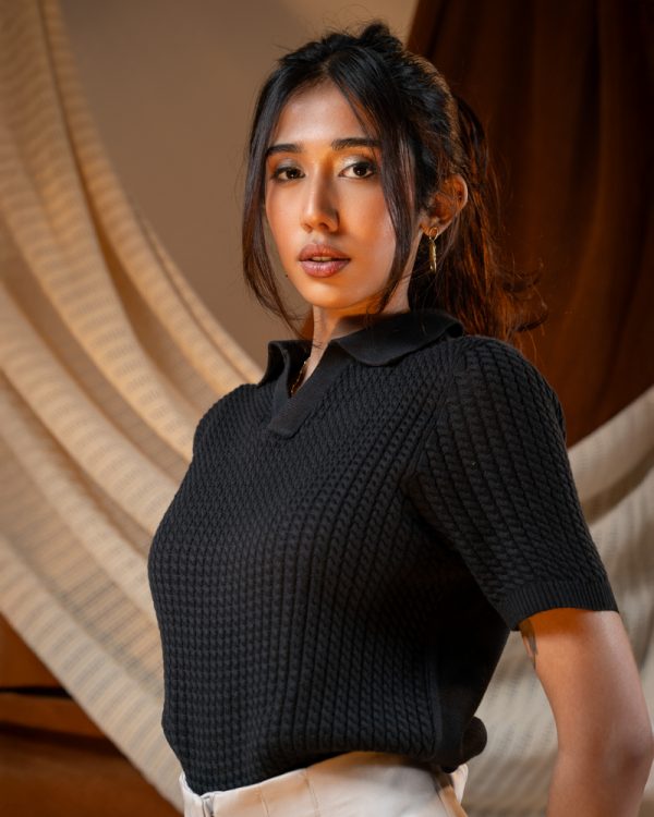 Women's Braided Cable Knit Polo in Black