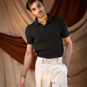 Men's Braided Cable Knit Polo in Black