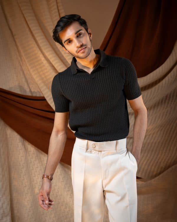 Men's Braided Cable Knit Polo in Black