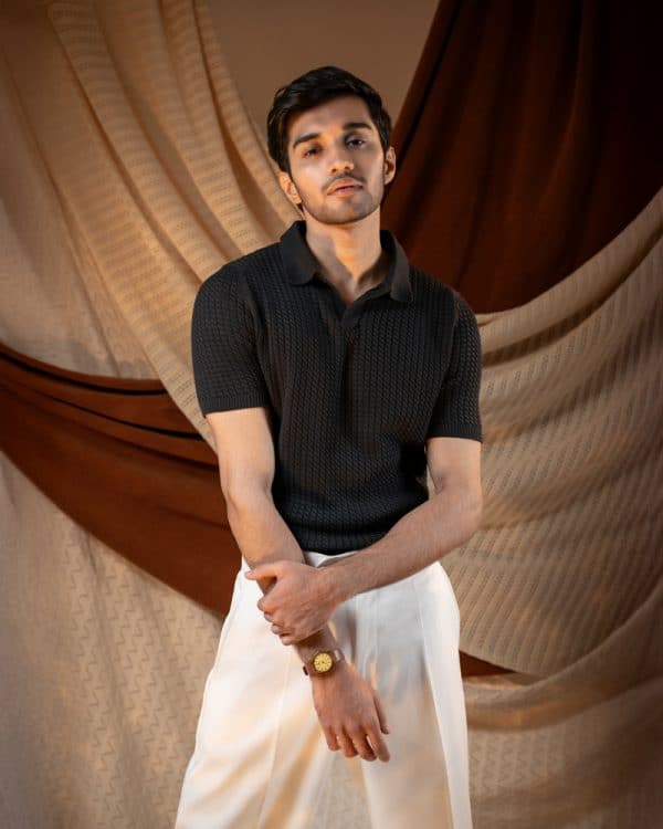Men's Braided Cable Knit Polo in Black - Image 4