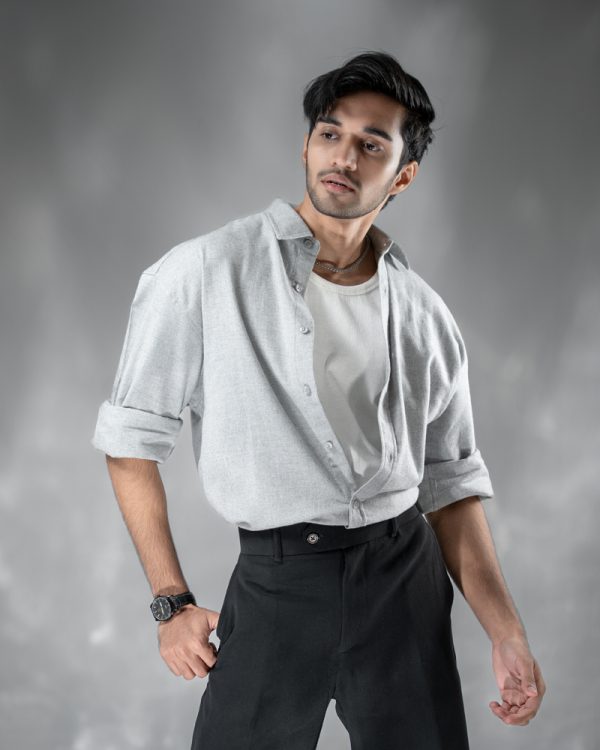 Men's Long Sleeve Oversized Shirt in Light Grey - Image 4
