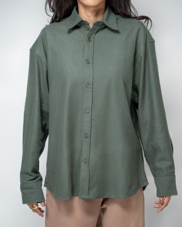 Women's Long Sleeve Oversized Shirt in Olive Green - Image 3