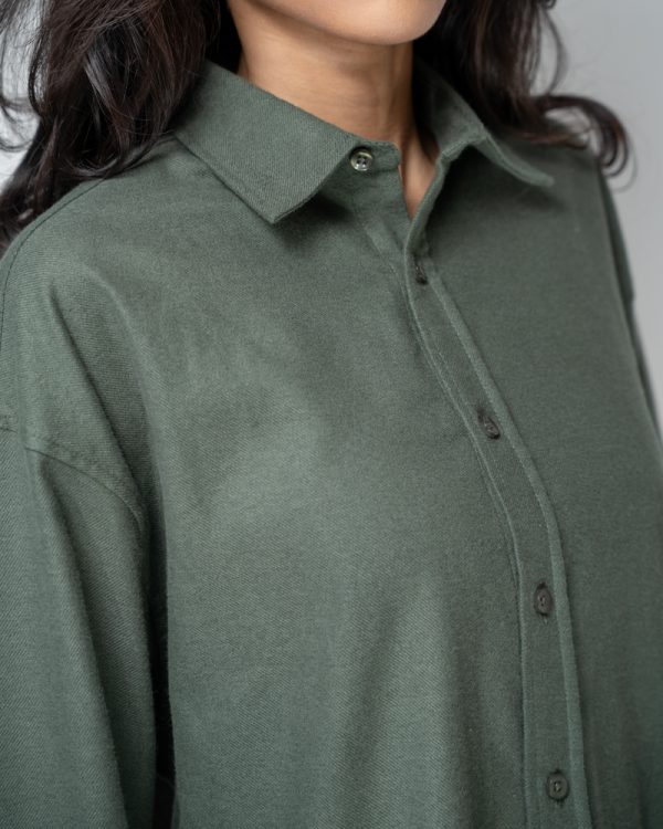 Women's Long Sleeve Oversized Shirt in Olive Green - Image 2