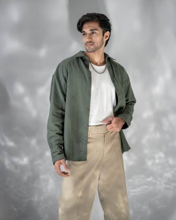 Men's Long Sleeve Oversized Shirt in Olive Green - Image 10