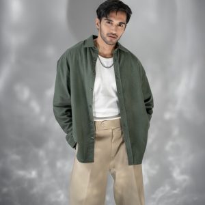 Men's Long Sleeve Oversized Shirt in Olive Green