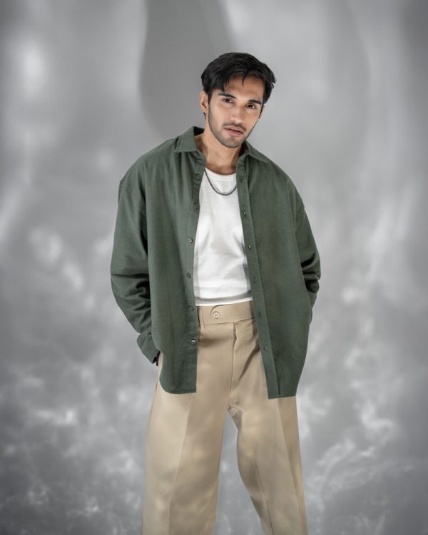 Men's Long Sleeve Oversized Shirt in Olive Green