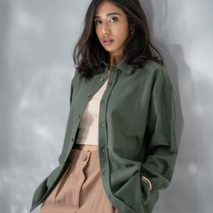 Women's Long Sleeve Oversized Shirt in Olive Green