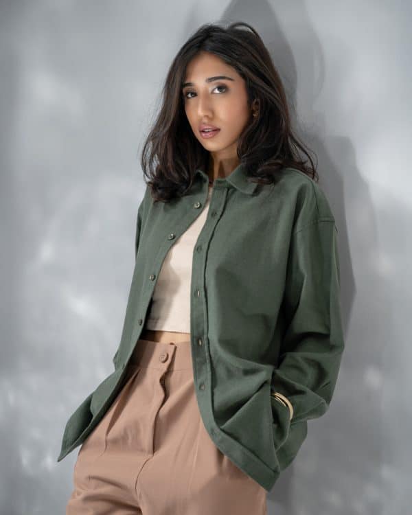 Women's Long Sleeve Oversized Shirt in Olive Green