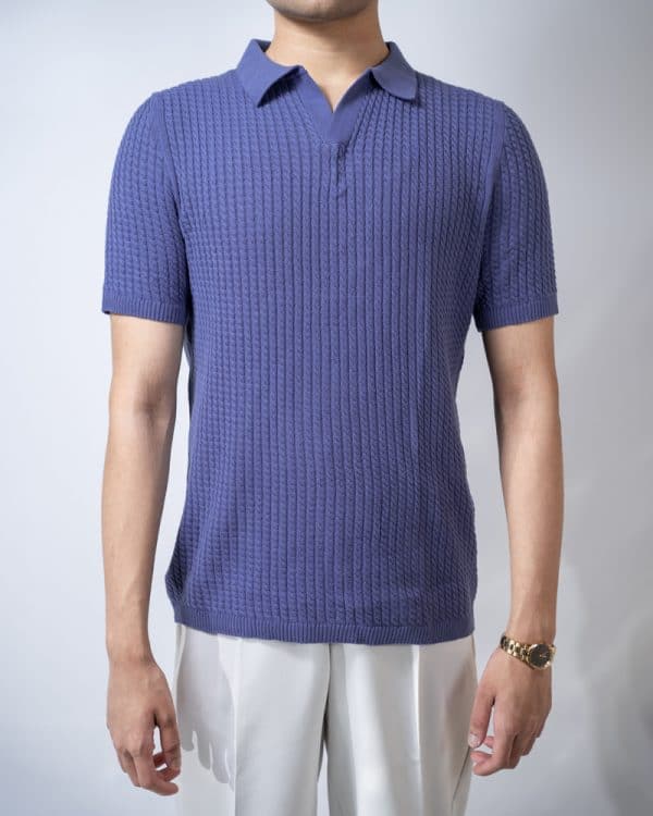 Men's Braided Cable Knit Polo in Cornflower Blue - Image 3