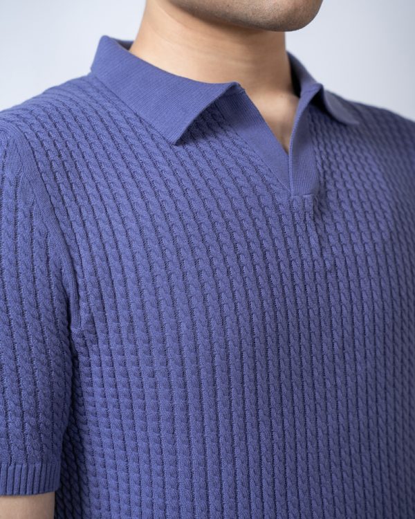 Men's Braided Cable Knit Polo in Cornflower Blue - Image 2