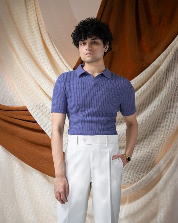 Men's Braided Cable Knit Polo in Cornflower Blue - Image 10