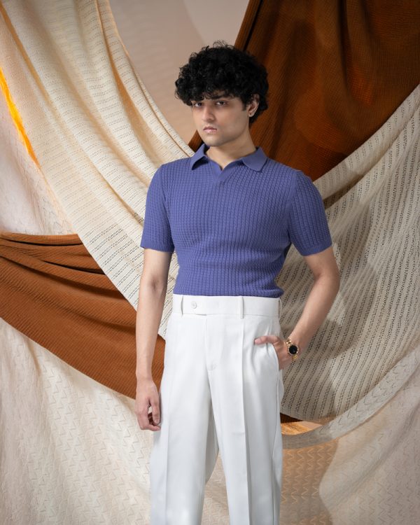 Men's Braided Cable Knit Polo in Cornflower Blue - Image 7