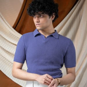 Men's Braided Cable Knit Polo in Cornflower Blue