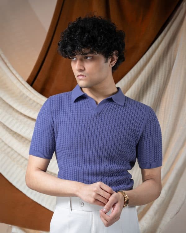 Men's Braided Cable Knit Polo in Cornflower Blue