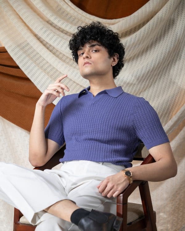 Men's Braided Cable Knit Polo in Cornflower Blue - Image 5