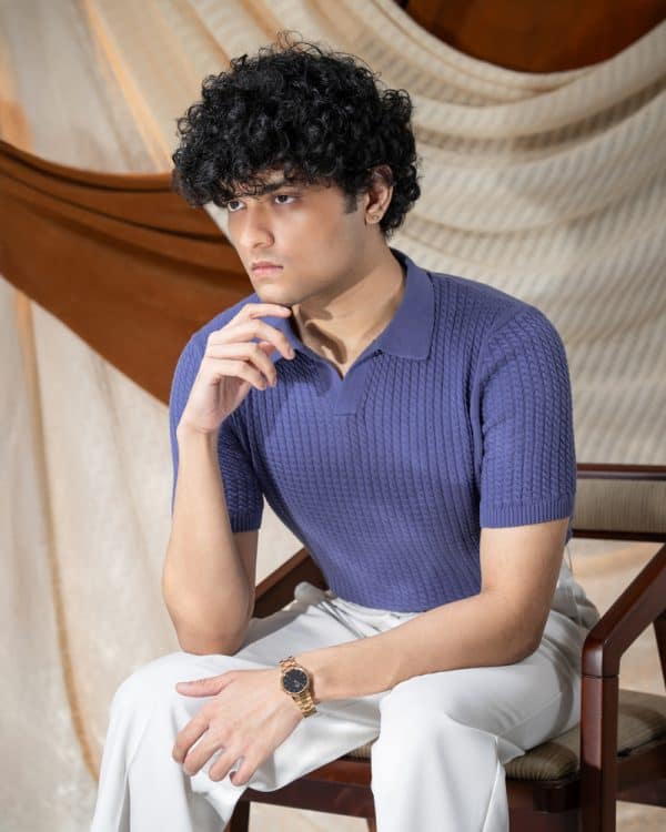 Men's Braided Cable Knit Polo in Cornflower Blue - Image 8