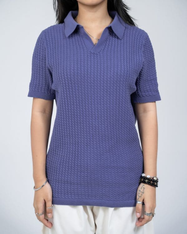 Women's Braided Cable Knit Polo in Cornflower Blue - Image 3