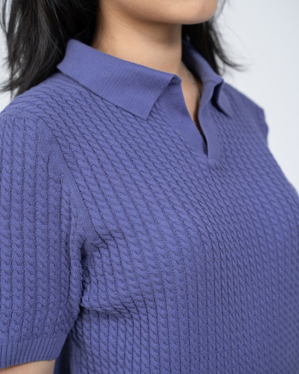 Women's Braided Cable Knit Polo in Cornflower Blue - Image 2