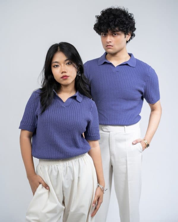 Women's Braided Cable Knit Polo in Cornflower Blue - Image 8