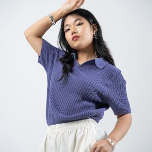 Women's Braided Cable Knit Polo in Cornflower Blue