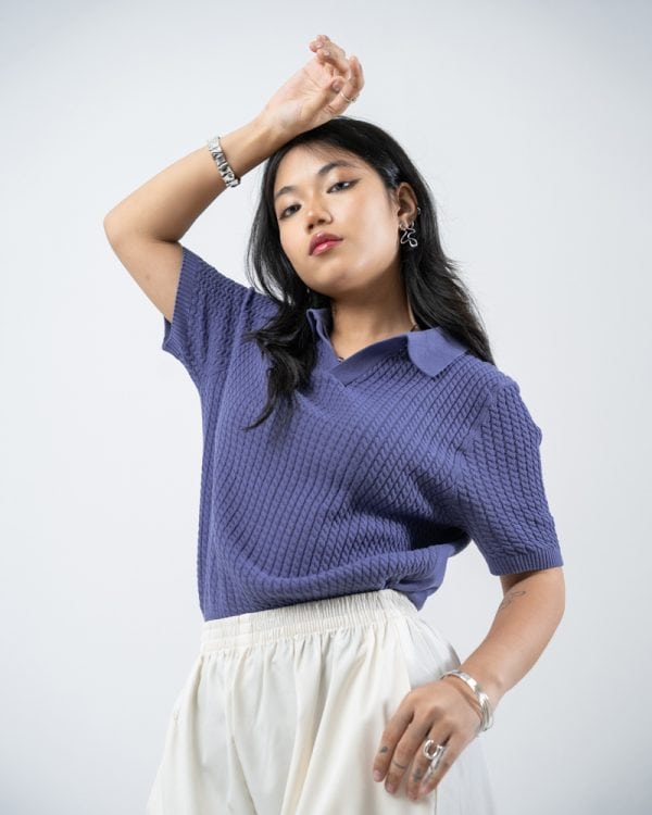 Women's Braided Cable Knit Polo in Cornflower Blue
