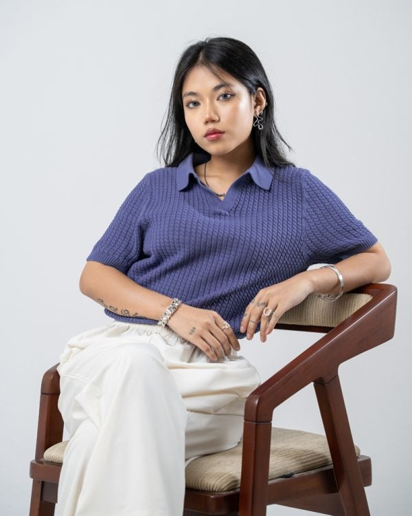 Women's Braided Cable Knit Polo in Cornflower Blue - Image 4