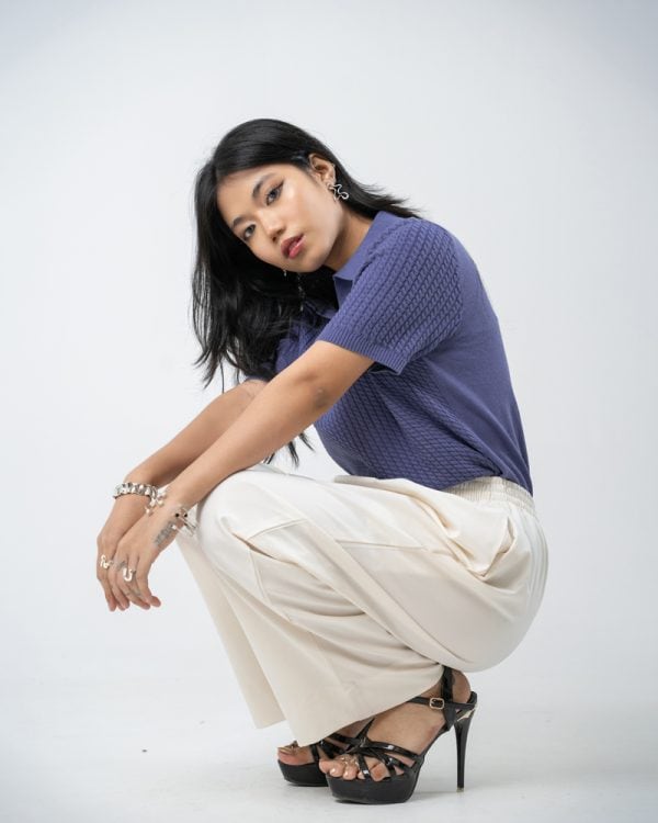 Women's Braided Cable Knit Polo in Cornflower Blue - Image 5