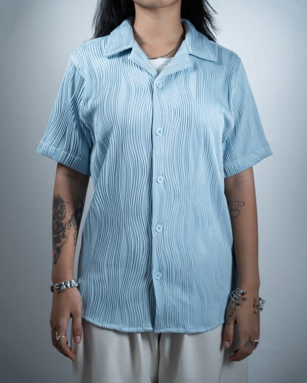 Women's Wavy Patterned Half Sleeve Cuban in Sky blue - Image 2