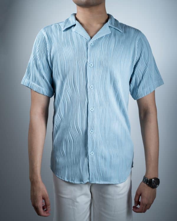 Men's Wavy Patterned Half Sleeve Cuban in Sky blue - Image 2