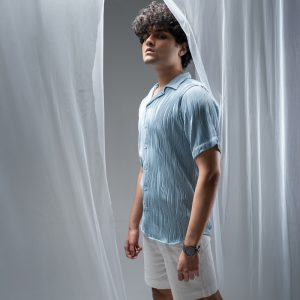 Men's Wavy Patterned Half Sleeve Cuban in Sky blue